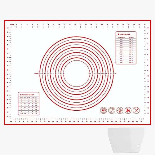 Gvolatee Silikon Backmatte 50×70 cm, Teigmatte mit Teigschaber Wiederverwendbar Antihaftbeschichtete Rutschfeste, Silikonmatte Teigmatte Rot mit Messung für Macarons, Plätzchen, Pizza Teig von Gvolatee