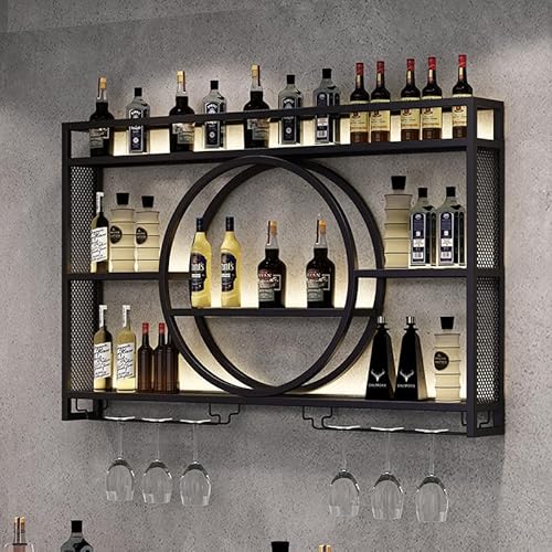 Gvqng An Der Wand Montiert Weinregal Aus Metall, Wandmontiertes Weinregal Mit Weinglashalter, Design Mit Mehreren Haken Barregale, Bareinheit Schwebende Regale,Schwarz,100x15x80cm von Gvqng