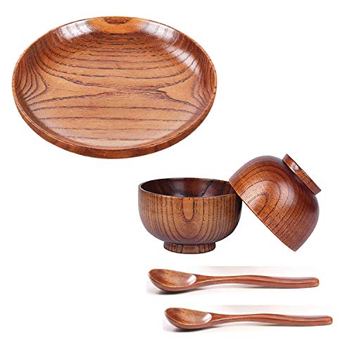 Gvvsjgdbis 4 handgefertigte Holzschüsseln und Löffel und 1 x Geschirr, Haushaltsgeschirr, glattes Holz-Brottablett von Gvvsjgdbis