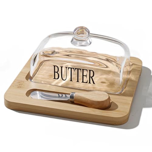 Gvvsjgdbis Elegante Butterdose im nordischen Stil mit Deckel, Holztablett & Glasabdeckung - Stilvolles Küchenzubehör mit Butterschneider A von Gvvsjgdbis