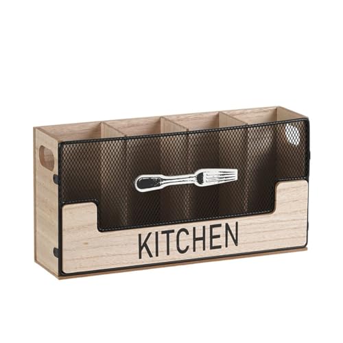 Gvvsjgdbis Küchenutensilienhalter, Metall, gepaart mit Holz, Besteck-Organizer, 4 Fächer für Spatel, Topf, Besteck, einfach zu bedienen, ca. 29,5 x 8 x 15 cm, Schwarz von Gvvsjgdbis