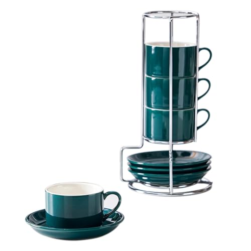 Gvvsjgdbis Stapelbare Cappuccinotassen aus Porzellan mit Untertassen und Metallständer, Espressotassen für Latte Kaffee, Café, Spezialkaffee E von Gvvsjgdbis