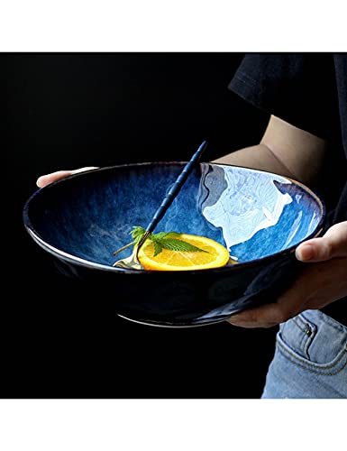 Gweat Japanischer Stil Blau Retro Keramik Geschirr Kreative Ramenschüssel Große Suppenschüssel Fruchtsalatschüssel(Size:M：8 Inches) von Gweat