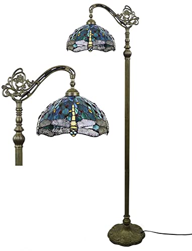 Gweat Tiffany Stil 12 Zoll Blau Vintage Libelle Stehlampe Buntglas Kristallperlen Lampenschirm Antike Beleuchtung Wohnzimmer Lampen Geschenk-Down Light von Gweat