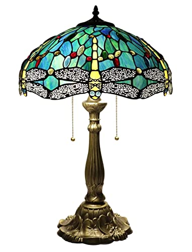 Gweat Tiffany Stil 16 Zoll Blaue Libelle Tischlampe Buntglas Kristallperlen Lampenschirm Antike Beleuchtung Wohnzimmer Schlafzimmer Tischlampen Geschenk - 2 Reißverschluss Lampenfassung von Gweat