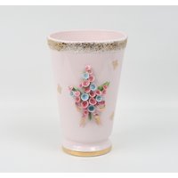 50Er Jahre Mcm Linke Vase in Pink, Beflockter Rand, Goldrand. Unterkante & Schmetterlinge. 3D Rosa, Blaue Blumen, Schleifenband. Sehr Guter Vtg von GwendalysaArts