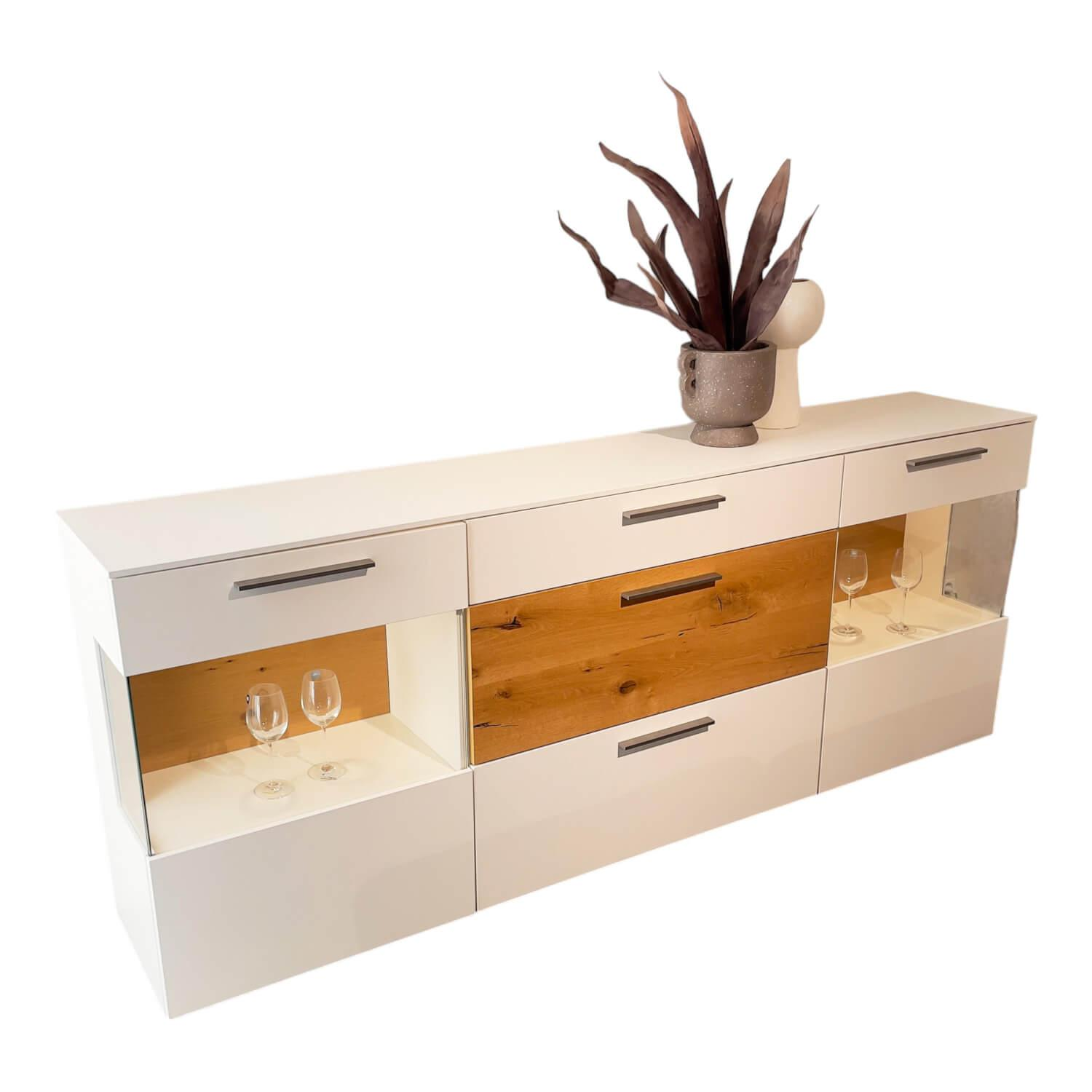 Sideboard Mondo Braviso 1004 Lack Seidenmatt Weiß Balkeneiche Honig Mit LED Bele... von Gwinner