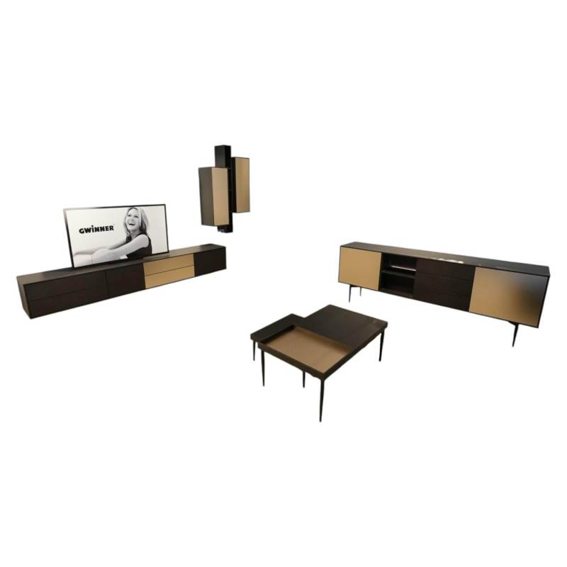 Wohnwand Bera Eiche Satin Terra Schwarz Gold Inklusive Sideboard Und Couchtisch von Gwinner
