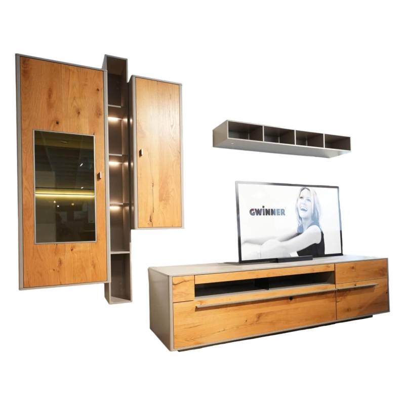 Wohnwand Piana Lack Seidenmatt Fango Grau Balkeneiche Honig Inklusive LED Beleuc... von Gwinner
