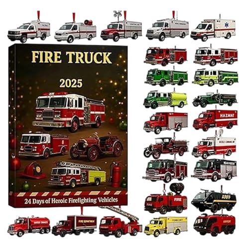 Feuerwehrauto Adventskalender 2025, 24 Tage Weihnachts Countdown Kalender Mit 2D Acryl Feuerwehrfahrzeug Ornament, Klassischen Und Modernen Feuerwehrautos WeihnachtsKalender Für Kinder Und Sammler von Gwtdtoad
