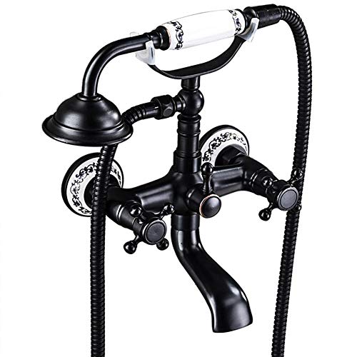 Badewannenarmatur Mit Handbrause - Wannenarmatur, Inkl Brausehalter Und 1,5M Duschschlauch, Stilvolle Schwarz Badewanne Wasserhahn - Dusche Set, Zweigriff -Wannenbatterie, Messing, Retro-Stil von Gx