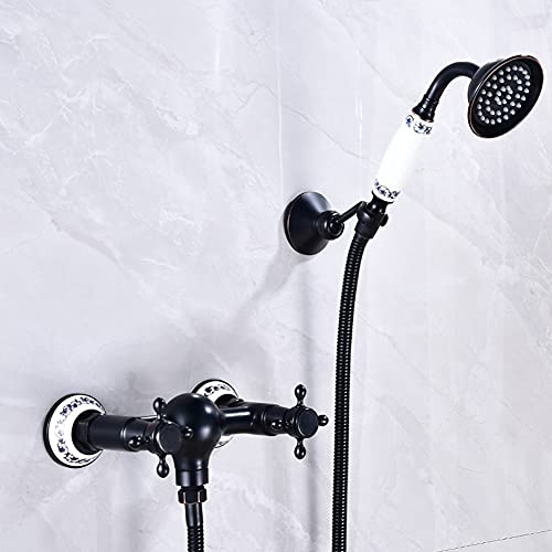 Badewannenarmatur Mit Handbrause - Wannenarmatur, Inkl Brausehalter Und 1,5M Duschschlauch, Stilvolle Schwarz Badewanne Wasserhahn - Dusche Set, Zweigriff -Wannenbatterie, Messing, Retro-Stil von Gx