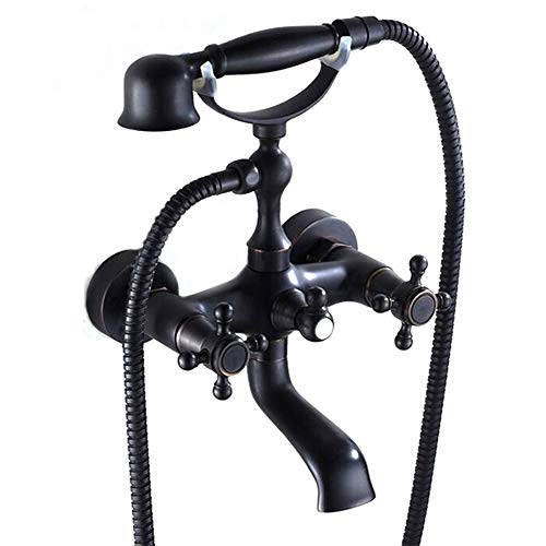 Badewannenarmatur Mit Handbrause - Wannenarmatur, Inkl Brausehalter Und 1,5M Duschschlauch, Stilvolle Schwarz Badewanne Wasserhahn - Dusche Set, Zweigriff -Wannenbatterie, Messing, Retro-Stil von Gx