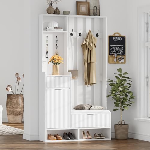 Gxffipw 6-in-1 Garderobe Set mit Schuhbank und Ablagen, Garderobenset mit Offenem Stauraum und Schubladen, Flurgarderoben Set mit 8 Haken und Türe, Streifendesign, Flur Möbel, Weiß, 100x30x180 cm von Gxffipw