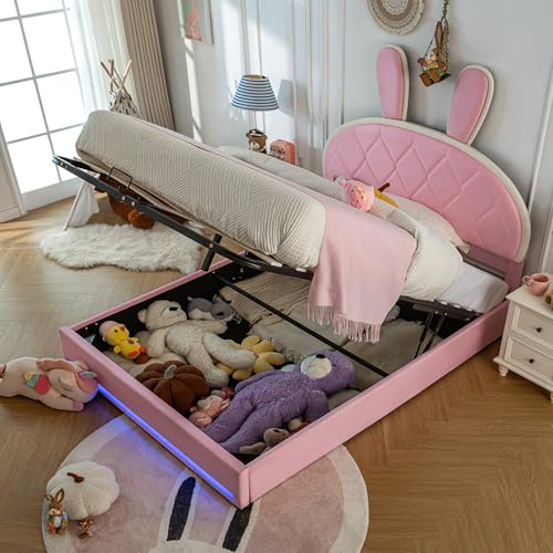 Gxffipw Doppelbett Polsterbett 140x200 cm mit Kaninchen Kopfteil und LED Licht, Hydraulisches Bett mit Stauraum, Metallbett Bettgestell mit Lattenrost und Metallrahmen, Samt, Rosa, Ohne Matratze von Gxffipw