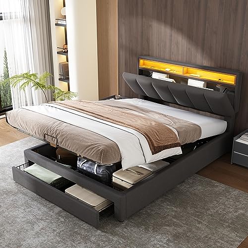 Gxffipw Doppelbett Polsterbett 140x200 cm mit LED-Licht und Schublade, Hydraulisches Bett mit Stauraum und Staufächer, Jugendbett Stauraumbett Bettgestell mit Lattenrost, Leinen, Grau, Ohne Matratze von Gxffipw
