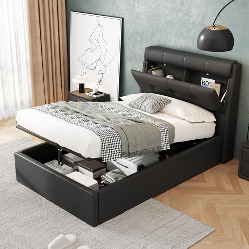Gxffipw Einzelbett Polsterbett 90x200 cm mit Verdeckter Stauraum am Kopfteil, Hydraulisches Bett mit Stauraum, Jugendbett Stauraumbett Bettgestell mit Lattenrost, PU, Schwarz, Ohne Matratze von Gxffipw