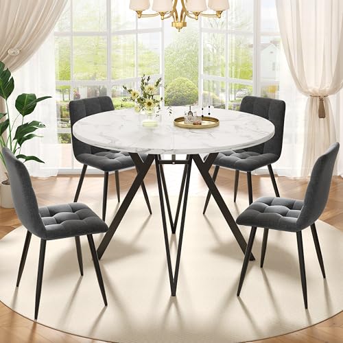 Gxffipw Essgruppe Esstisch mit 4 Stühlen Set für 4 Personen, Esstisch Rund 100cm mit Schwarz Metallbeinen und 4 Grau Leinen Esszimmerstühle, Weiße Tischplatte, Esszimmermöbel, Küchenmöbel von Gxffipw