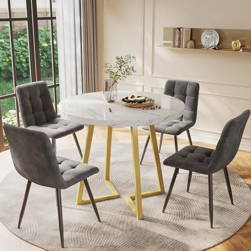 Gxffipw Essgruppe Esstisch mit 4 Stühlen Set für 4 Personen, Esstisch Rund 80x80x75 cm mit Goldenen Metallbeinen und 4 Grau Samt Esszimmerstühle, Weiße Tischplatte, Esszimmermöbel, Küchenmöbel von Gxffipw