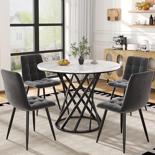 Gxffipw Essgruppe Esstisch mit 4 Stühlen Set für 4 Personen, Esstisch Rund 80x80x76 cm mit Schwarz Metallbeinen und 4 Samt Esszimmerstühle, Weiße Tischplatte, Küchenmöbel, Esszimmermöbel von Gxffipw