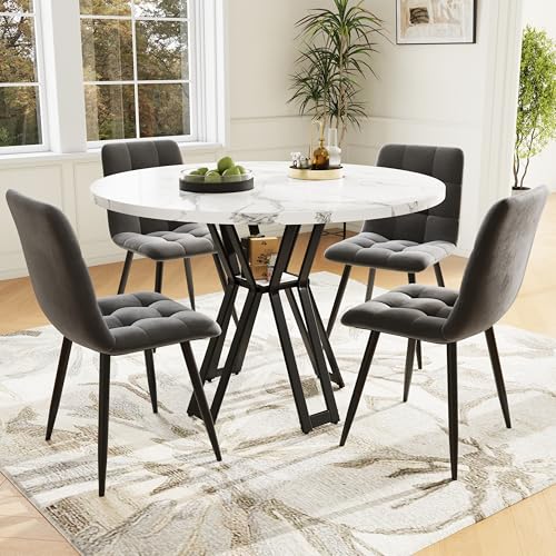 Gxffipw Essgruppe Runder Esstisch mit 4 Stühlen Set für 4 Personen, Esstisch Rund 100X100X76 cm mit Schwarz Metallbeinen und 4 Grau Samt Esszimmerstühle, Küchenmöbel, Esszimmermöbel von Gxffipw