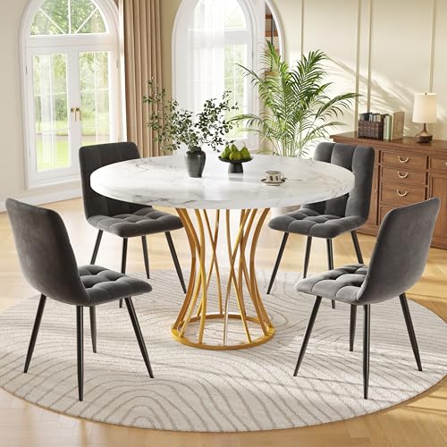 Gxffipw Essgruppe Runder Esstisch mit 4 Stühlen Set für 4 Personen, Esstisch Rund 80X80X76 cm mit Golden Metallbeinen und 4 Grau Samt Esszimmerstühle, Küchenmöbel, Esszimmermöbel von Gxffipw