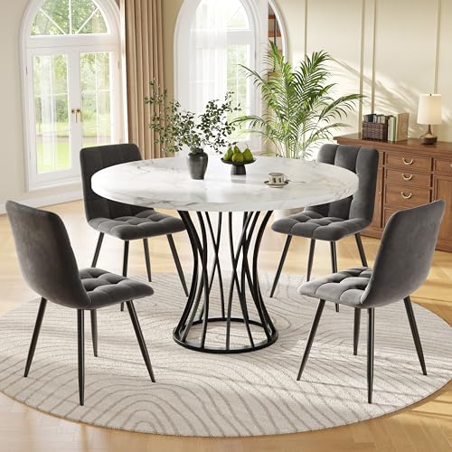 Gxffipw Essgruppe Runder Esstisch mit 4 Stühlen Set für 4 Personen, Esstisch Rund 80X80X76 cm mit Schwarz Metallbeinen und 4 Grau Samt Esszimmerstühle, Küchenmöbel, Esszimmermöbel von Gxffipw