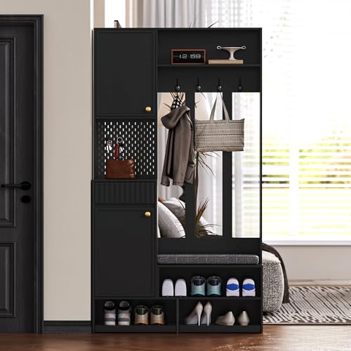 Gxffipw Garderobe Set 180 cm Hohes mit Schuhbank und Wandgarderobe, Garderobenset mit 4 Kleiderhaken und Schuhschrank, Flurgarderoben Set mit Schubladen und 2 Türen, Flur Möbel, Schwarz von Gxffipw