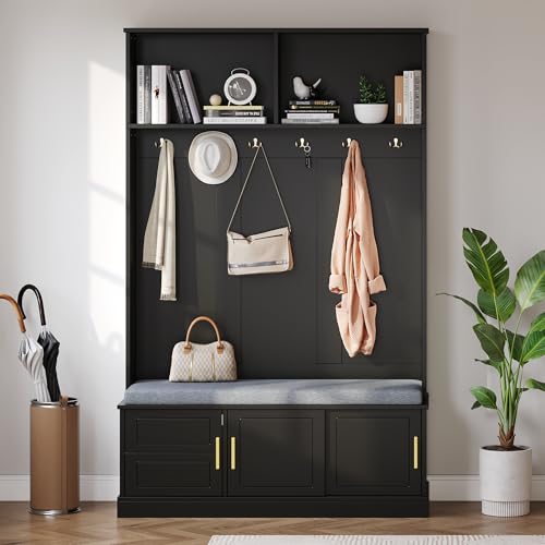 Gxffipw Garderobe Set mit Schuhbank und Schuhschrank, Garderobenset mit Offenen Fächern und Goldener Handgriff, Flurgarderoben Set mit 6 Kleiderhaken und 3 Türen, Flur Möbel, Schwarz, 120x40x191 cm von Gxffipw