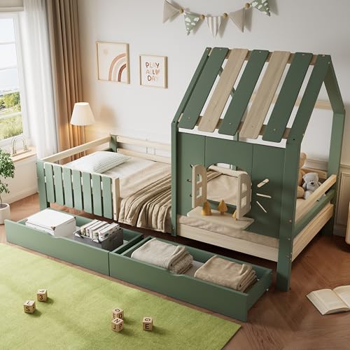Gxffipw Kinderbett Hausbett 90x200 cm mit Dach und Fenster, Bett mit 2 Schubladen Stauraum, Bodenbett mit Rausfallschutz, Holzbett Einzelbett Bettgestell mit Lattenrost, Grün, Ohne Matratze von Gxffipw