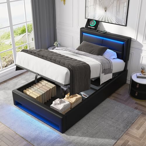 Gxffipw Kinderbett Polsterbett 90x200 cm mit USB-Anschluss und LED-Licht, Hydraulisches Bett mit Stauraum und Kopfteil, Einzelbett Bettgestell mit Lattenrost, PU, Schwarz, Ohne Matratze von Gxffipw