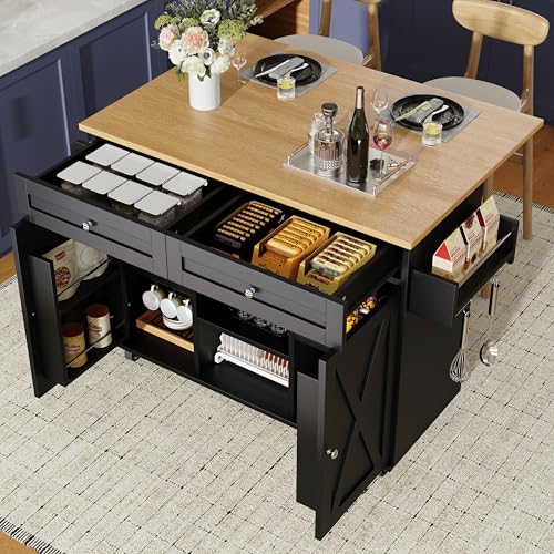 Gxffipw Kücheninsel 134x45.2-75.4x89 cm mit Klappbare Arbeitsplatte und Schublade, Küchenschrank Küchenwagen mit Rollen und Snackregalen, Buffetschrank mit 3 Fächer und 2 Türen, Küchenmöbel, Schwarz von Gxffipw