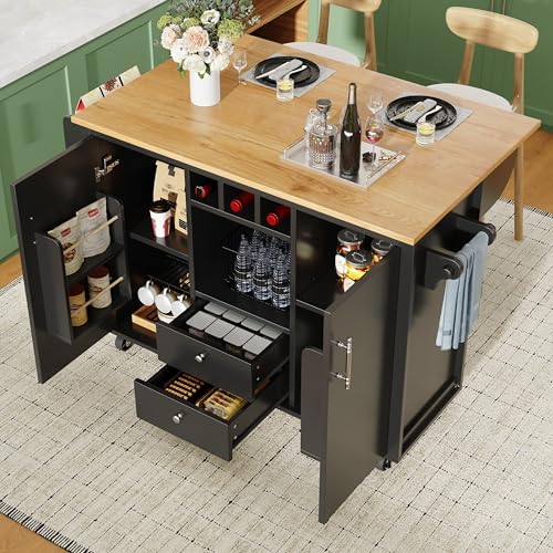 Gxffipw Kücheninsel mit Klappbare Arbeitsplatte und 2 Schublade, Küchenschrank Küchenwagen mit Rollen und Handtuchhalter, Buffetschrank mit Weinregal, Küchenmöbel, Schwarz, 137.9x45-73x92.2 cm von Gxffipw