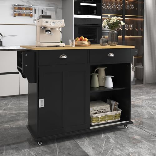 Gxffipw Küchenwagen 112x70x94 cm mit Klappbare Arbeitsplatte und 2 Schublade, Küchenwagen mit Rollen und 2 Bewegliche Türe, Kücheninsel Buffetschrank mit Austauschbare Tischbeine, Küchenmöbel, Schwarz von Gxffipw