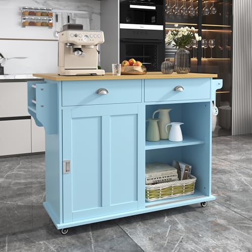 Gxffipw Küchenwagen 112x70x94 cm mit Klappbare Arbeitsplatte und 2 Schublade, Küchenwagen mit Rollen und 2 Bewegliche Türen, Kücheninsel Buffetschrank mit Austauschbare Tischbeine, Küchenmöbel, Blau Gxffipw Küchenwagen 112x70x94 cm mit Klappbare Arbeitsplatte und 2 Schublade, Küchenwagen mit Rollen und 2 Bewegliche Türen, Kücheninsel Buffetschrank mit Austauschbare Tischbeine, Küchenmöbel, Blau von Gxffipw