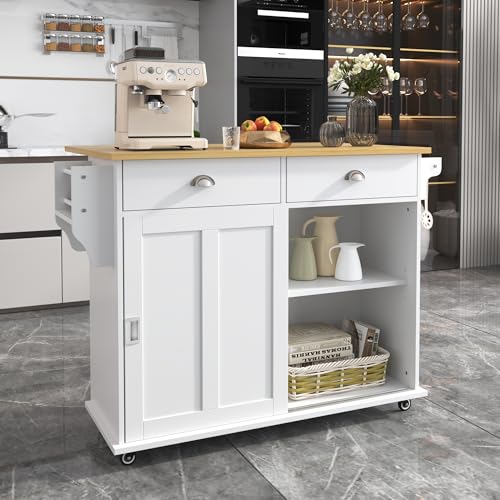 Gxffipw Küchenwagen 112x70x94 cm mit Klappbare Arbeitsplatte und 2 Schublade, Küchenwagen mit Rollen und 2 Bewegliche Türen, Kücheninsel Buffetschrank mit Austauschbare Tischbeine, Küchenmöbel, Weiß von Gxffipw