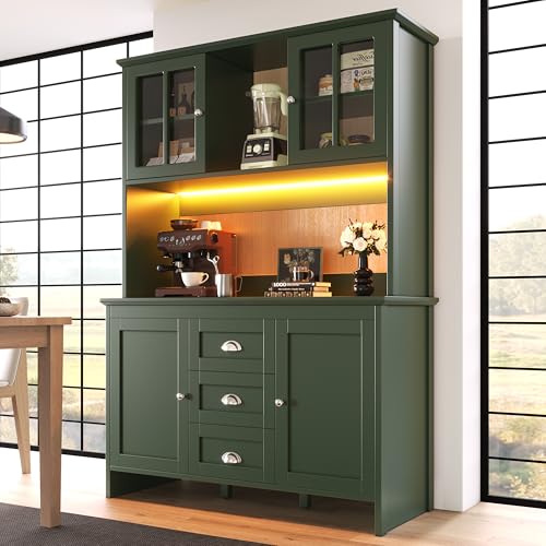Gxffipw LED-Küchenschrank Buffetschrank Hoch 179 cm mit Glastüren und Schubladen, Hochschrank Küchenbuffet mit Arbeitsplatte und Mehrere Speicherplätze, Vitrine Highboard, Küchenmöbel, Grün von Gxffipw
