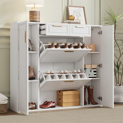 Gxffipw Moderne Schuhschrank 120×24×107 cm mit Türen und Schubladen, Schuhschrank Weiss mit Verstellbaren Regalen und Goldenen Griffen, Flurschrank Schuhkommode mit Kippbare Tür, Flur Möbel von Gxffipw