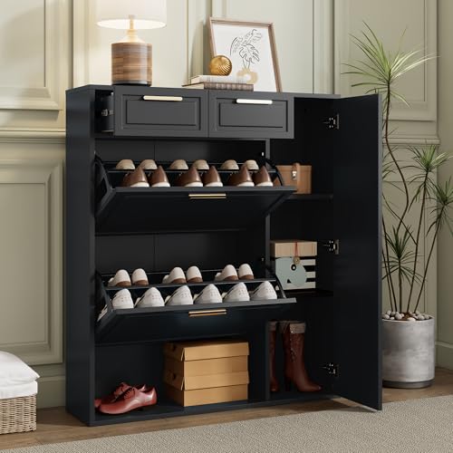 Gxffipw Moderne Schuhschrank 95×24×107 cm mit Türen und Schubladen, Schuhschrank Schwarz mit Verstellbaren Regalen und Goldenen Griffen, Flurschrank Schuhkommode mit Kippbare Tür, Flur Möbel von Gxffipw