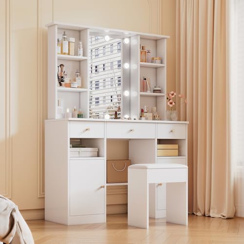 Gxffipw Schminktisch 110×40x151 cm mit Verstellbarer LED Beleuchtung, Schminktisch mit Spiegel und Hocker, Schminktische mit 3 Schubladen und 2 Türen, Schlafzimmer Möbel, Weiß von Gxffipw