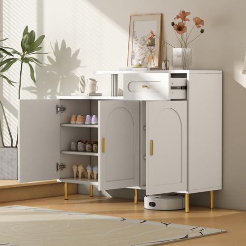 Gxffipw Schuhschrank 120×35×92 cm mit 3 Türen und 1 Schubladen, Sideboard Schuhschrank Weiss mit Metallgriffen, Flurschrank Schuhkommode mit Goldene Tischbeine und Goldene Griffe, Flur Möbel von Gxffipw