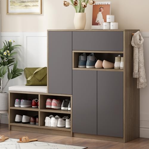 Gxffipw Schuhschrank 140x35x110 cm mit 3 Türen und Schubladen, Multifunktionales Schuhbank mit Sitzfläche, Flurschrank Schuhkommode mit Verstellbaren Regalen, Flur Möbel, Grau von Gxffipw