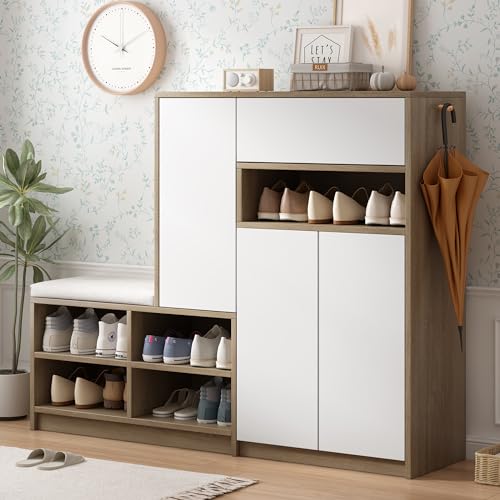 Gxffipw Schuhschrank 140x35x110 cm mit 3 Türen und Schubladen, Multifunktionales Schuhbank mit Sitzfläche, Flurschrank Schuhkommode mit Verstellbaren Regalen, Flur Möbel, Weiß von Gxffipw
