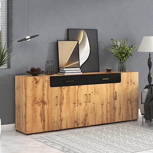 Gxffipw Sideboard Wohnzimmer Buffetschrank mit 4 Türen und 2 Schubladen, Wohnzimmerschrank Küchenschrank mit Holzmaserung Design, Highboard mit Goldener Handgriff, Schrank Holzfarbe, 208x80x39.5 cm Gxffipw Sideboard Wohnzimmer Buffetschrank mit 4 Türen und 2 Schubladen, Wohnzimmerschrank Küchenschrank mit Holzmaserung Design, Highboard mit Goldener Handgriff, Schrank Holzfarbe, 208x80x39.5 cm von Gxffipw