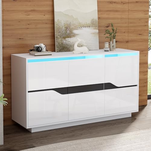 Gxffipw Sideboard Wohnzimmer mit Verstellbaren Trennwänden und LED-Licht, Vorratsschrank Buffetschrank mit Grifflose Design, Wohnzimmerschrank, Beistellschrank, Schrank Weiß+Schwarz, 140x40x76 cm von Gxffipw