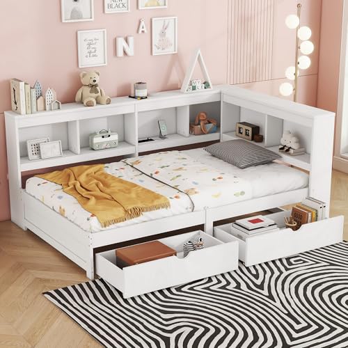 Gxffipw Tagesbett Einzelbetten 90x200 cm mit 2 Schubladen und USB-Anschlüssen, Schlafsofa Bett mit Stauraum und Ablagefach, Jugendbett Holzbett Bettgestell mit Lattenrost, Weiß, Ohne Matratze von Gxffipw
