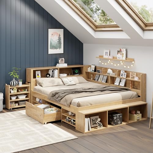 Gxffipw Tagesbett Stauraumbett 140x200 cm mit Ausziehbarer Nachttisch und Regal, Doppelbett Bett mit Stauraum und Schublade, Jugendbett Holzbett Bettgestell mit Lattenrost, Natur, Ohne Matratze Gxffipw Tagesbett Stauraumbett 140x200 cm mit Ausziehbarer Nachttisch und Regal, Doppelbett Bett mit Stauraum und Schublade, Jugendbett Holzbett Bettgestell mit Lattenrost, Natur, Ohne Matratze von Gxffipw