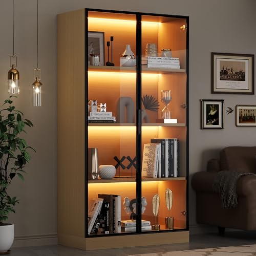 Gxffipw Vitrine Highboard Holzfarbe 70×40×160 cm mit LED-Beleuchtung und Gehärteter Glastür, Vitrinenschrank Glasvitrine mit Aluminium-Türrahmen, Hochschrank Bücherschrank mit Türen, Wohnzimmerschrank Gxffipw Vitrine Highboard Holzfarbe 70×40×160 cm mit LED-Beleuchtung und Gehärteter Glastür, Vitrinenschrank Glasvitrine mit Aluminium-Türrahmen, Hochschrank Bücherschrank mit Türen, Wohnzimmerschrank von Gxffipw