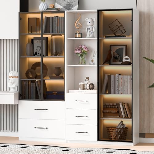 Gxffipw Vitrine Highboard Weiss 140×40×160 cm mit LED-Beleuchtung und Offenen Fächern, Vitrinenschrank Glasvitrine mit Schublade und Sanft Schließenden Scharnieren, Hochschrank Bücherschrank mit Türen von Gxffipw