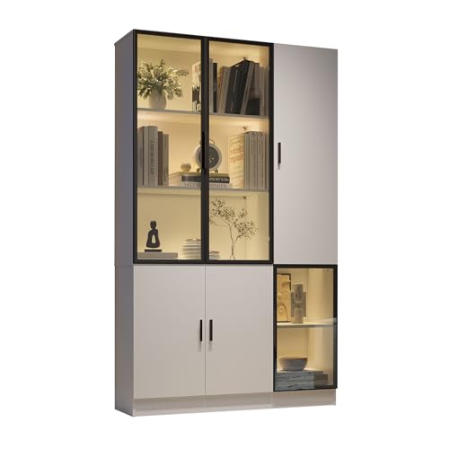 Gxffipw Vitrine mit Glasschrank Tür und LED-Licht, Vitrinenschrank Glasvitrine mit MultiStorage Bücherregal, Highboard Sammlervitrine mit Griff, Wohnzimmerschrank, Weiß+Schwarz, 120x35x200 cm von Gxffipw